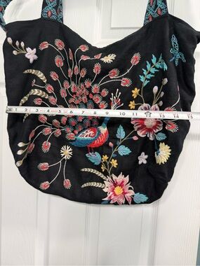Johnny Was Black Embroidered Peacock Floral Tote